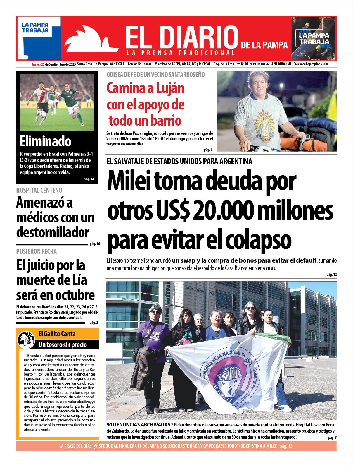 Tapa de El Diario en papel  jueves 25 de septiembre de 2025